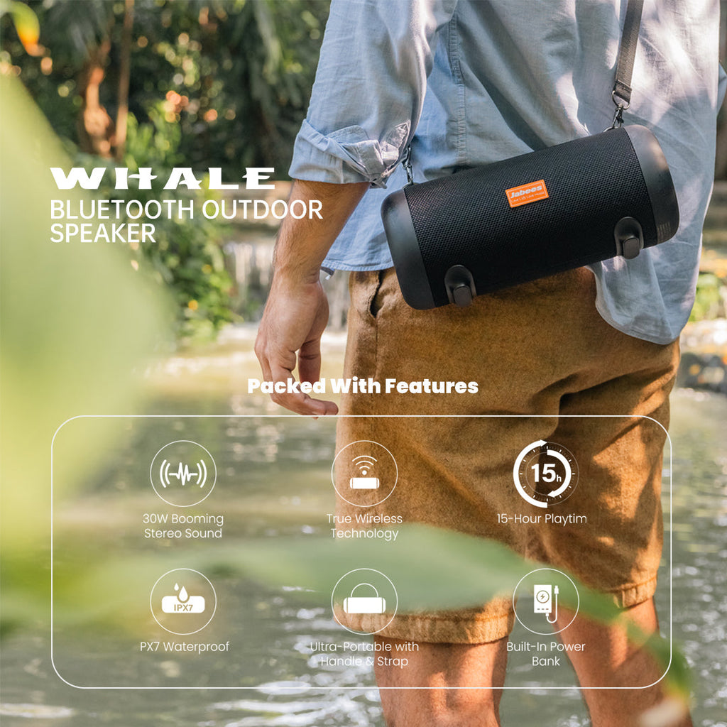 WHALE – Bluetooth IPX7 Waterproof Portable Outdoor Speaker with 30W Stereo Sound and USB Charge Out