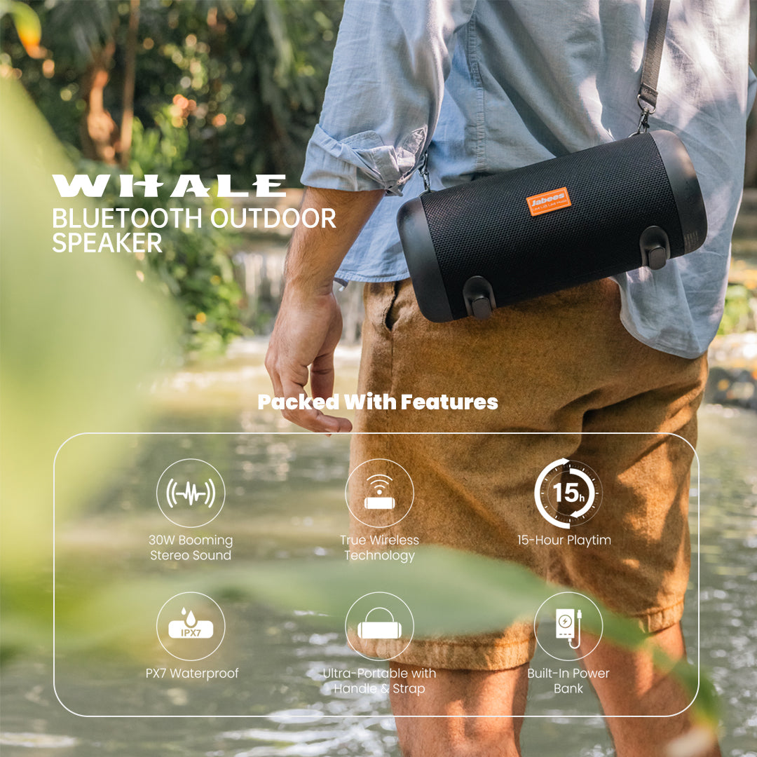 WHALE – Bluetooth IPX7 Waterproof Portable Outdoor Speaker with 30W Stereo Sound and USB Charge Out