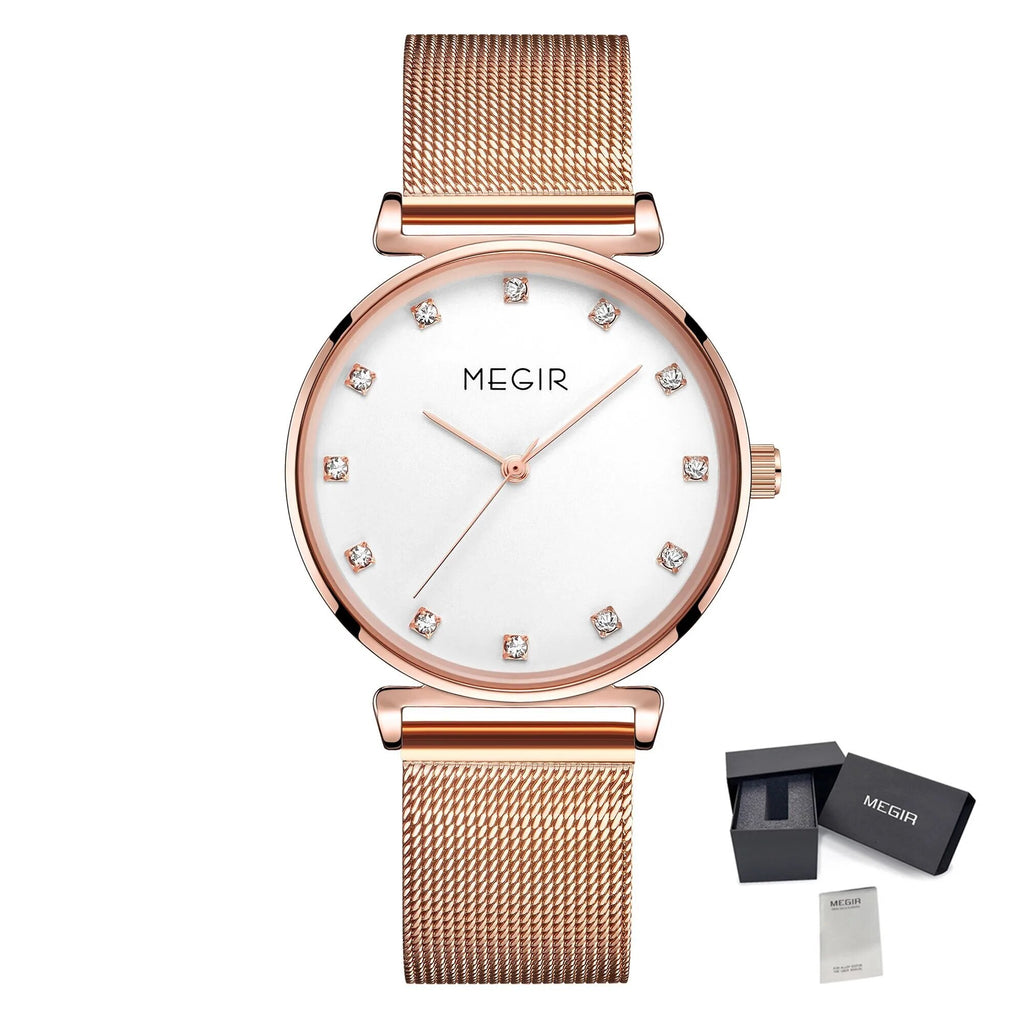 MEGIR Quartz Wristwatches Woman Bracelet Watch Ladies Stainless Steel Mesh Fashion Luxury Waterproof Watches Female Dress Clock-9