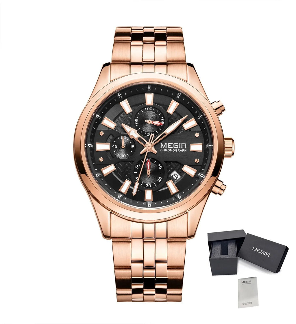MEGIR Fashion Men Watches Luxury Business Wristwatch Stainless Steel Quartz Watch Calendar Luminous Man Clock Relogio Masculino