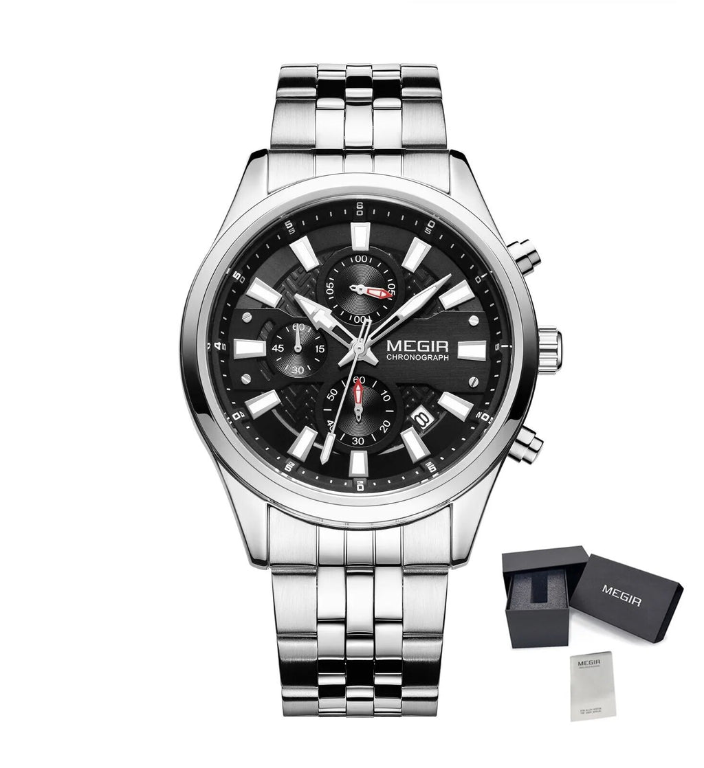 MEGIR Fashion Men Watches Luxury Business Wristwatch Stainless Steel Quartz Watch Calendar Luminous Man Clock Relogio Masculino