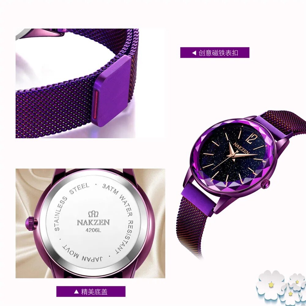NAKZEN Rose Gold Women Watches Minimalism Starry sky Magnet Buckle Fashion Wristwatch Waterproof Roman Numeral reloj mujer-2