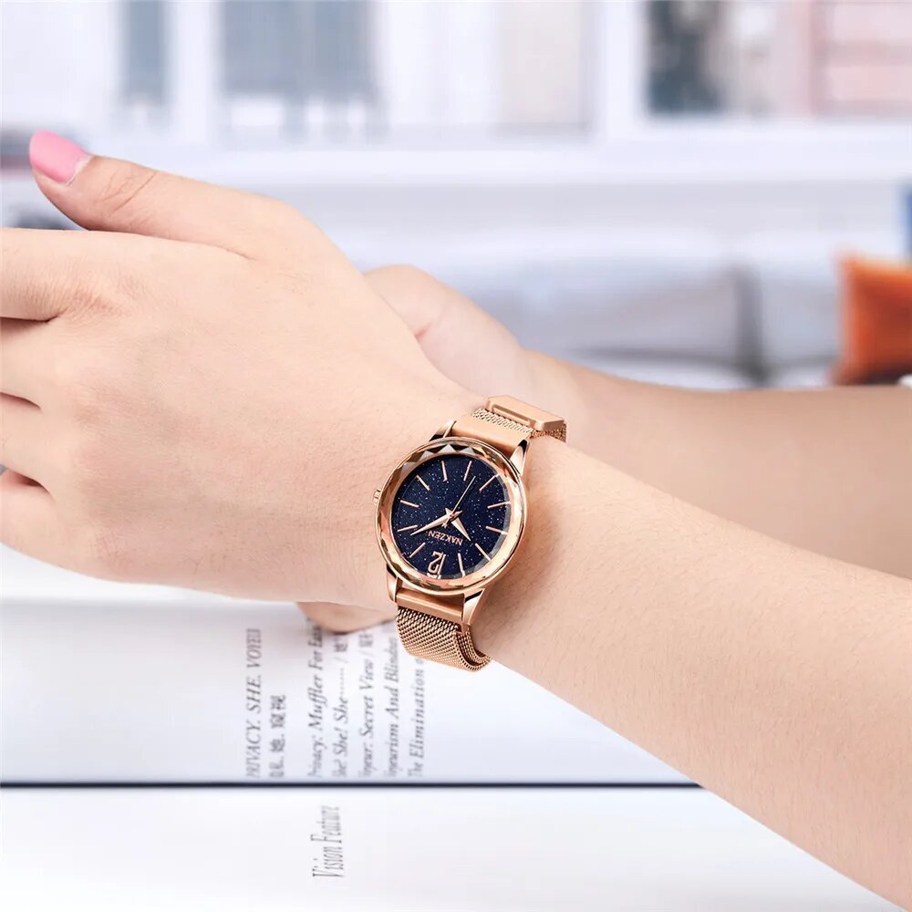 NAKZEN Rose Gold Women Watches Minimalism Starry sky Magnet Buckle Fashion Wristwatch Waterproof Roman Numeral reloj mujer-4