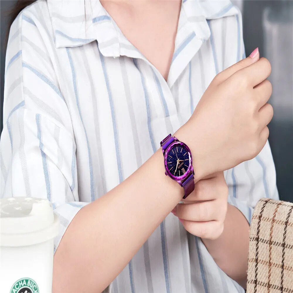 NAKZEN Rose Gold Women Watches Minimalism Starry sky Magnet Buckle Fashion Wristwatch Waterproof Roman Numeral reloj mujer-5