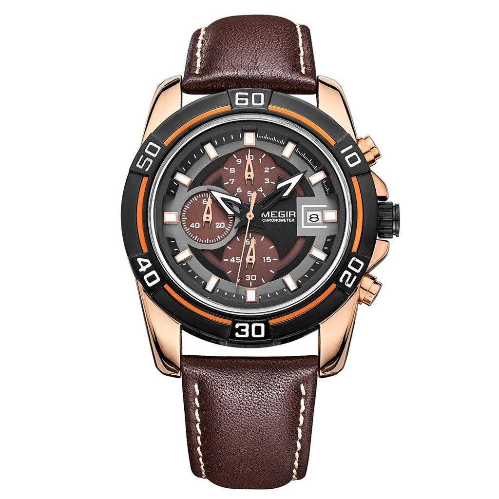 MEGIR Top Brand Fashion Sport Chronograph Watch Men Quartz Leather Wristwatch Waterproof Luminous Man Watches with Date Clock