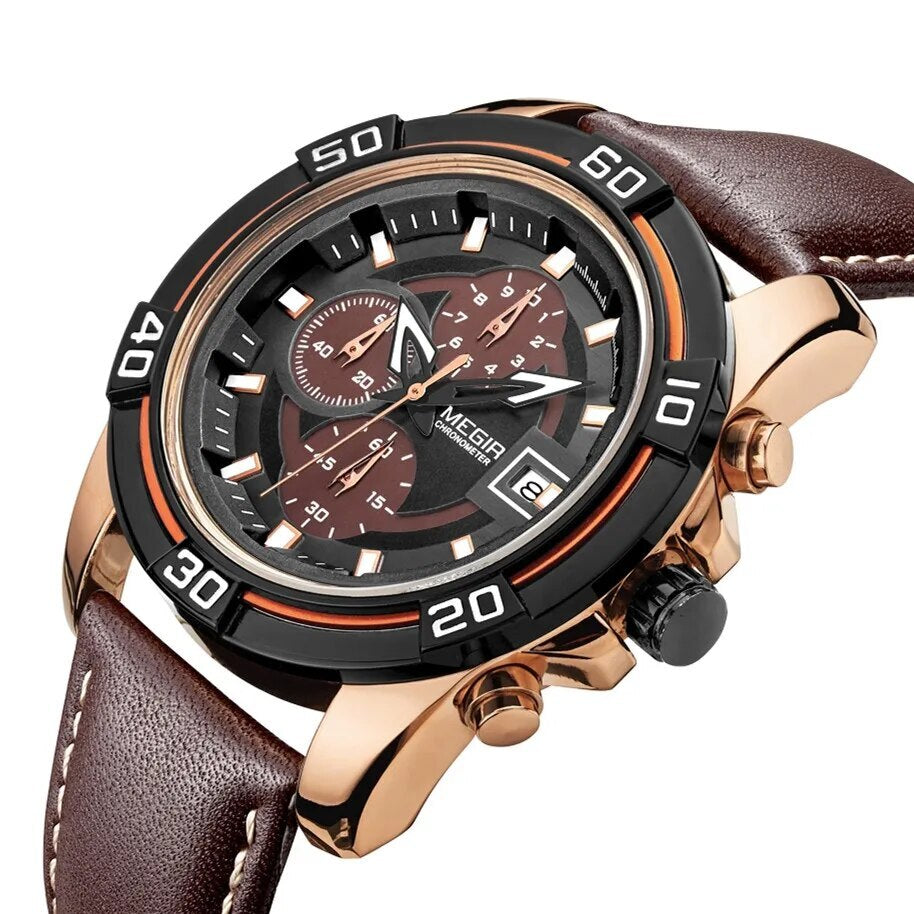 MEGIR Top Brand Fashion Sport Chronograph Watch Men Quartz Leather Wristwatch Waterproof Luminous Man Watches with Date Clock