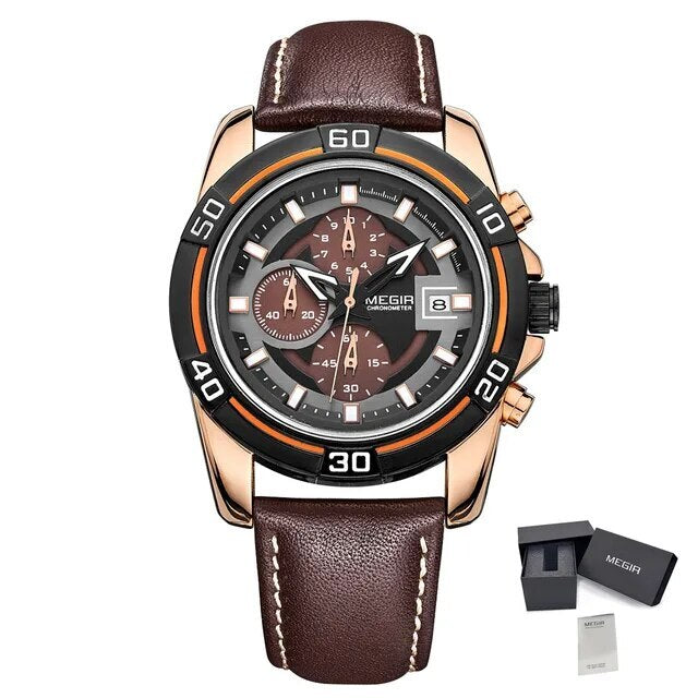 MEGIR Top Brand Fashion Sport Chronograph Watch Men Quartz Leather Wristwatch Waterproof Luminous Man Watches with Date Clock