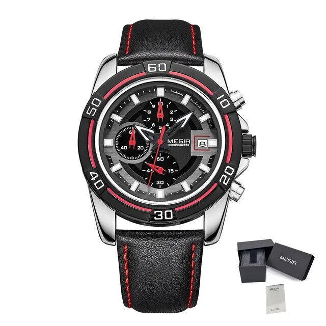 MEGIR Top Brand Fashion Sport Chronograph Watch Men Quartz Leather Wristwatch Waterproof Luminous Man Watches with Date Clock