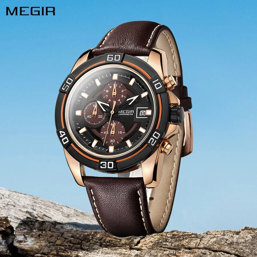 MEGIR Top Brand Fashion Sport Chronograph Watch Men Quartz Leather Wristwatch Waterproof Luminous Man Watches with Date Clock