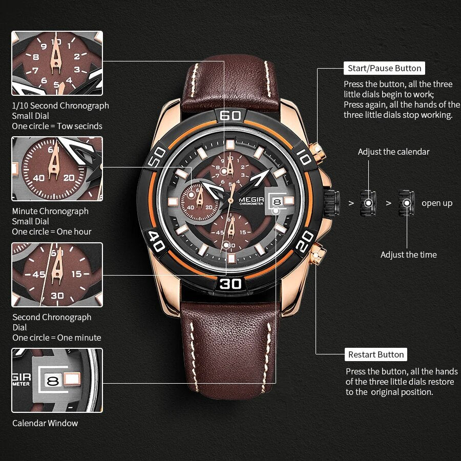 MEGIR Top Brand Fashion Sport Chronograph Watch Men Quartz Leather Wristwatch Waterproof Luminous Man Watches with Date Clock