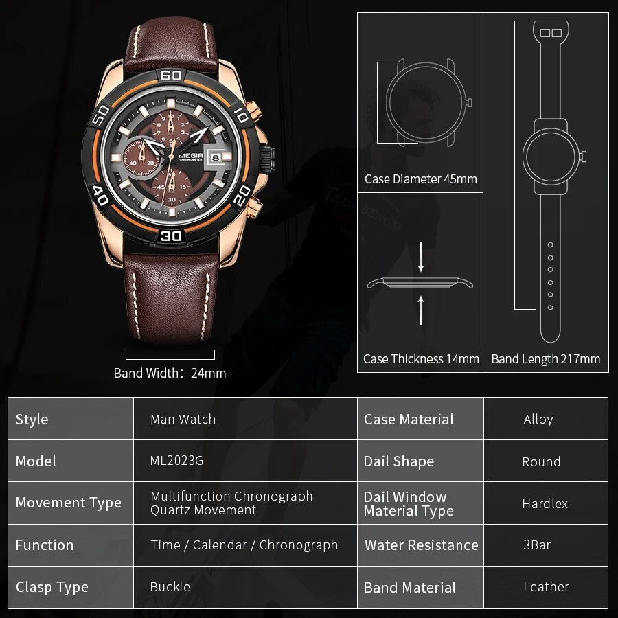 MEGIR Top Brand Fashion Sport Chronograph Watch Men Quartz Leather Wristwatch Waterproof Luminous Man Watches with Date Clock