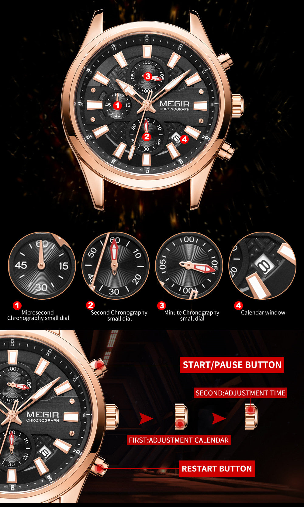 MEGIR Fashion Men Watches Luxury Business Wristwatch Stainless Steel Quartz Watch Calendar Luminous Man Clock Relogio Masculino