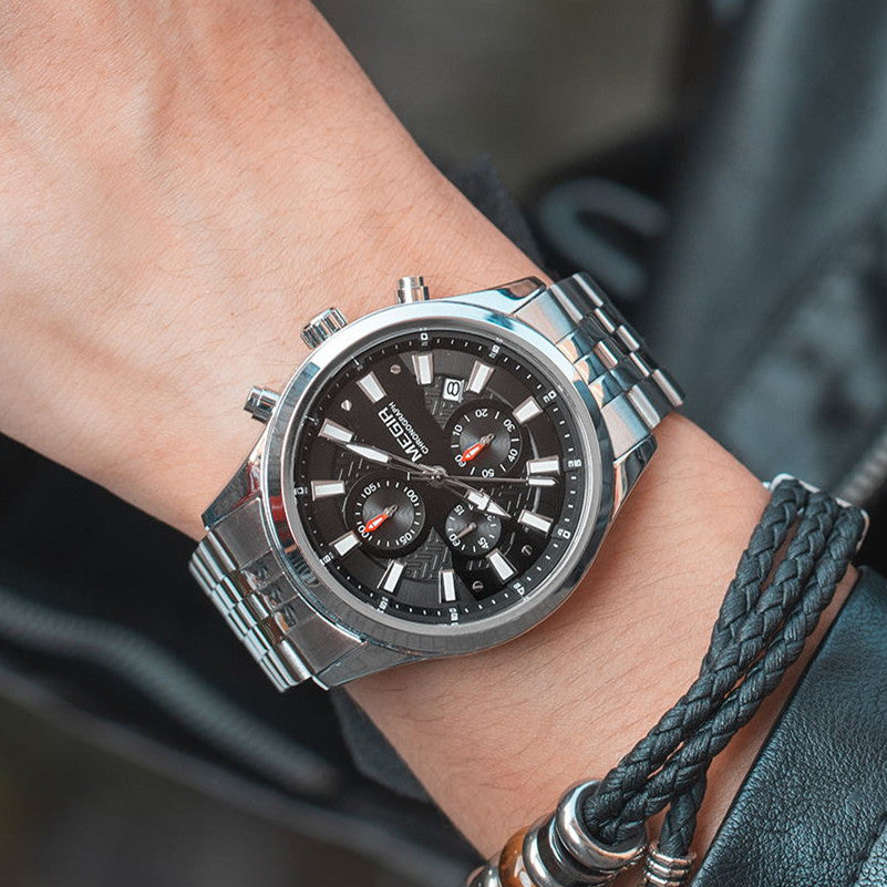 MEGIR Fashion Men Watches Luxury Business Wristwatch Stainless Steel Quartz Watch Calendar Luminous Man Clock Relogio Masculino