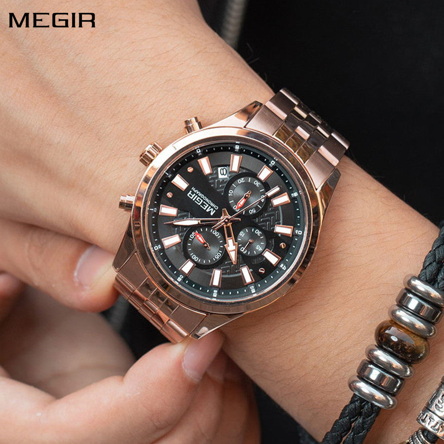 MEGIR Fashion Men Watches Luxury Business Wristwatch Stainless Steel Quartz Watch Calendar Luminous Man Clock Relogio Masculino