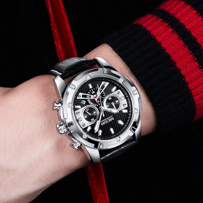 MEGIR Sport Watches for Men Fashion Luxury Military Quartz Wristwatch Leather Waterproof Man Chronograph Clock Relogio Masculino