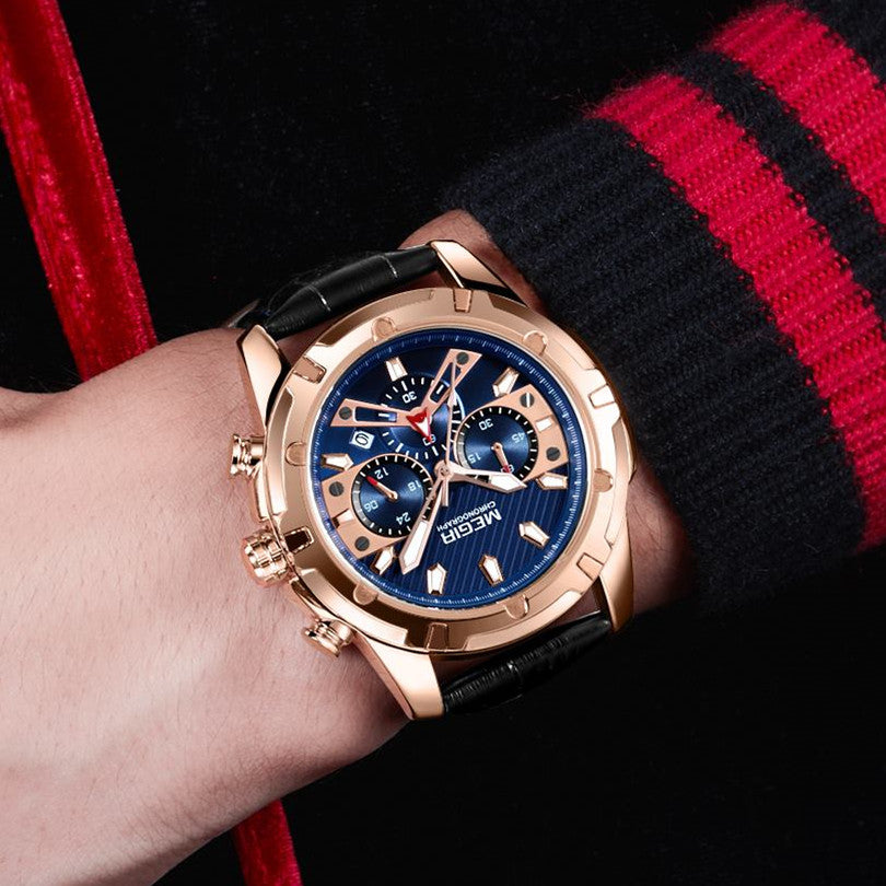 MEGIR Sport Watches for Men Fashion Luxury Military Quartz Wristwatch Leather Waterproof Man Chronograph Clock Relogio Masculino