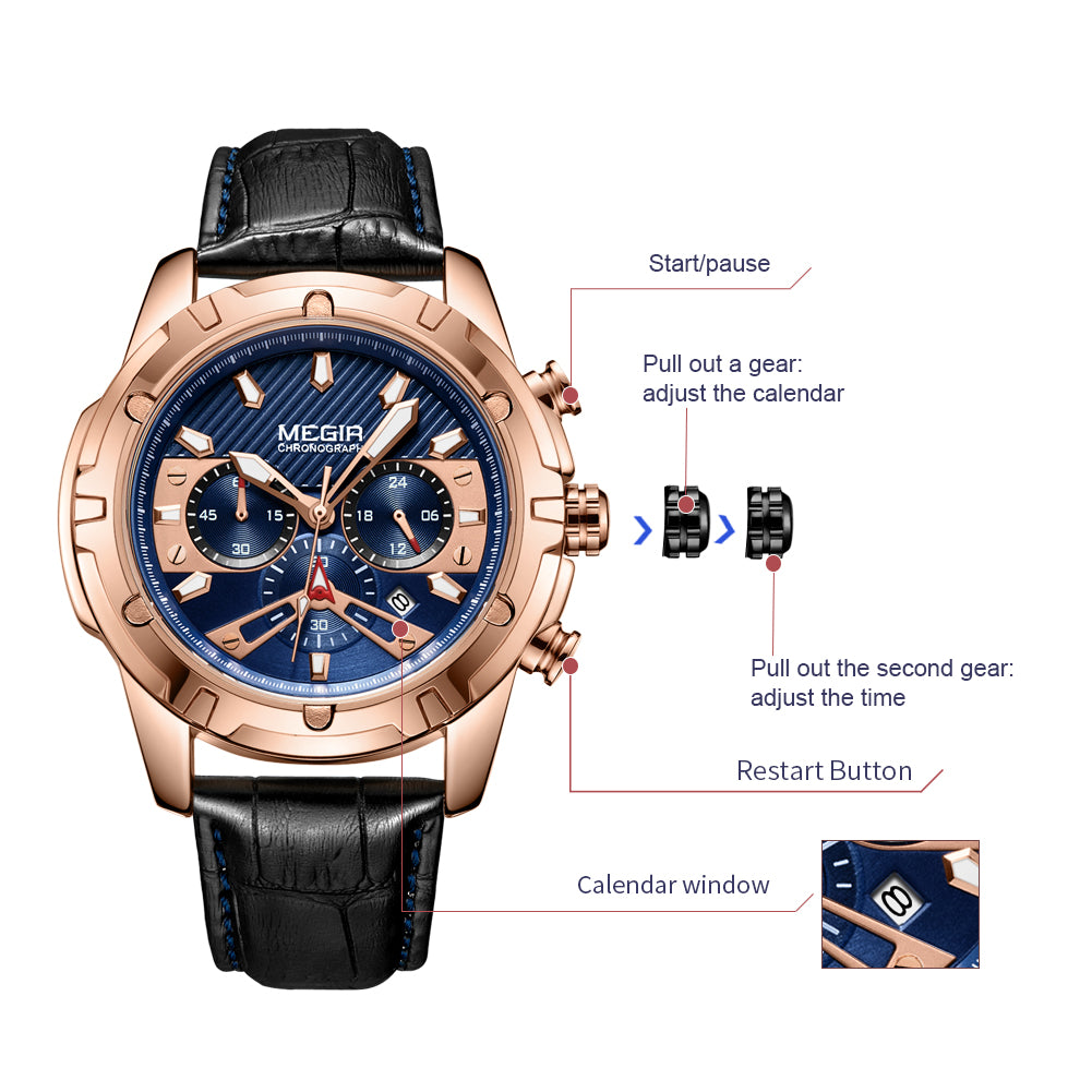 MEGIR Sport Watches for Men Fashion Luxury Military Quartz Wristwatch Leather Waterproof Man Chronograph Clock Relogio Masculino