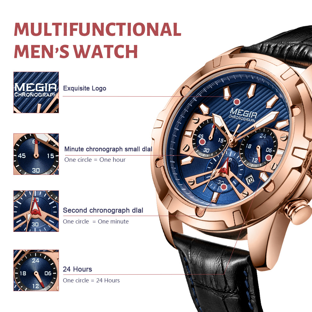 MEGIR Sport Watches for Men Fashion Luxury Military Quartz Wristwatch Leather Waterproof Man Chronograph Clock Relogio Masculino