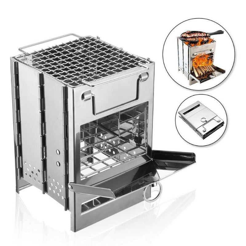 Wood Burning Camp Stove Folding Stainless Steel BBQ Outdoor Survival-1