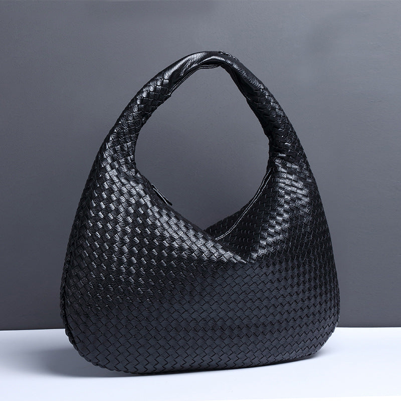 NNEDSZ Black Elegant Woven PU Leather Hobo Bag - Stylish Large-Capacity Shoulder Handbag for Women-0