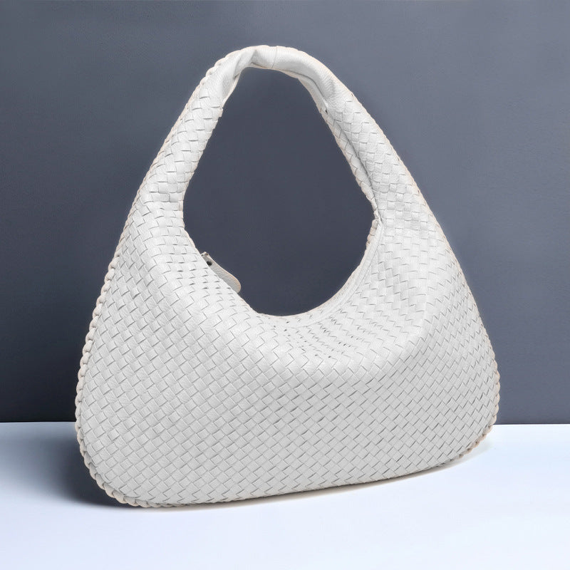 NNEDSZ White Elegant Woven PU Leather Hobo Bag - Stylish Large-Capacity Shoulder Handbag for Women-0