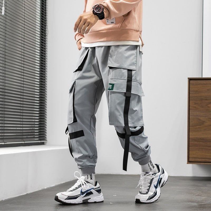 Streetwear Hip Hop Cargo Pants Spring Autumn Mens Baggy Pockets Ribbon Joggers Pants Men Japanes Style Black Harem Pants