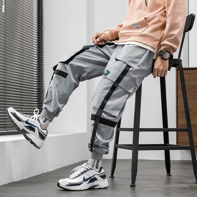 Streetwear Hip Hop Cargo Pants Spring Autumn Mens Baggy Pockets Ribbon Joggers Pants Men Japanes Style Black Harem Pants