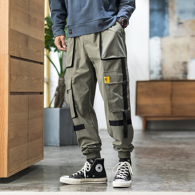 Streetwear Hip Hop Cargo Pants Spring Autumn Mens Baggy Pockets Ribbon Joggers Pants Men Japanes Style Black Harem Pants