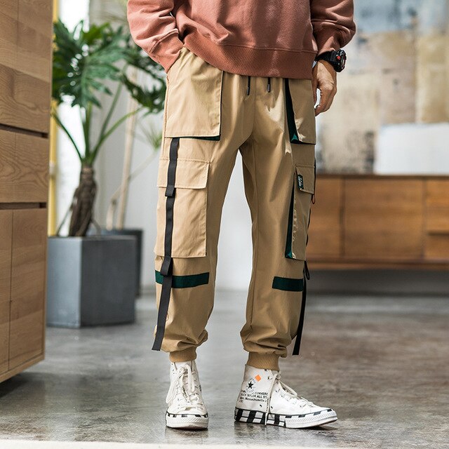 Streetwear Hip Hop Cargo Pants Spring Autumn Mens Baggy Pockets Ribbon Joggers Pants Men Japanes Style Black Harem Pants