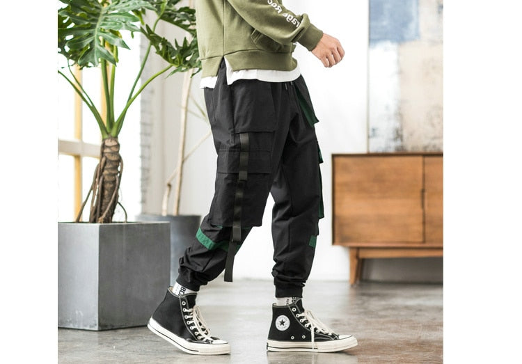 Streetwear Hip Hop Cargo Pants Spring Autumn Mens Baggy Pockets Ribbon Joggers Pants Men Japanes Style Black Harem Pants