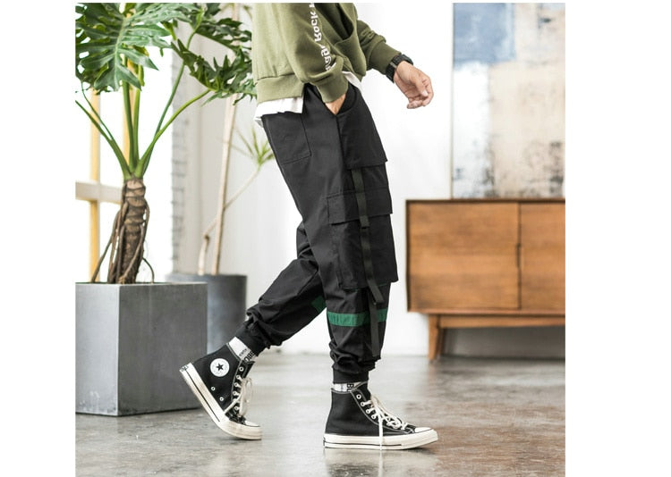 Streetwear Hip Hop Cargo Pants Spring Autumn Mens Baggy Pockets Ribbon Joggers Pants Men Japanes Style Black Harem Pants