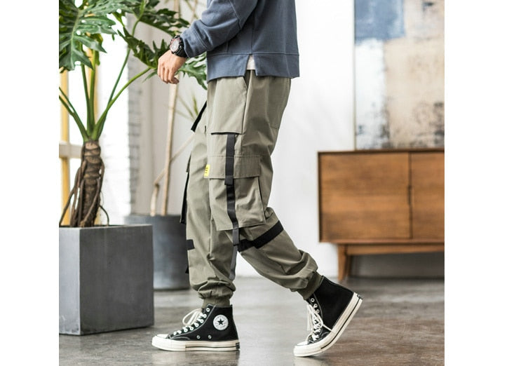 Streetwear Hip Hop Cargo Pants Spring Autumn Mens Baggy Pockets Ribbon Joggers Pants Men Japanes Style Black Harem Pants