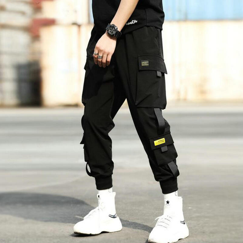 Hip Hop Joggers Men Black Harem Pants Multi-pocket Ribbons Man Sweatpants Streetwear Casual Mens Pants S-3XL