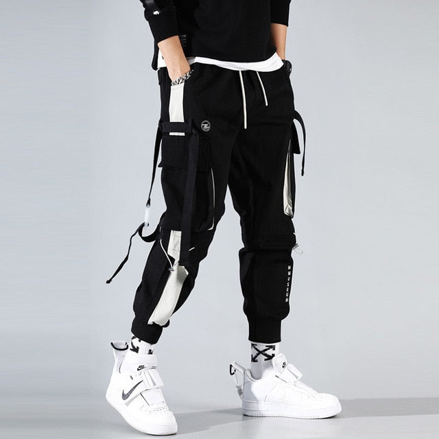 Hip Hop Joggers Men Black Harem Pants Multi-pocket Ribbons Man Sweatpants Streetwear Casual Mens Pants S-3XL