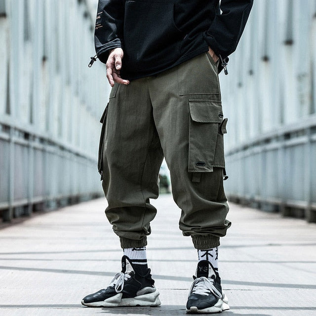 Hip Hop Joggers Men Black Harem Pants Multi-pocket Ribbons Man Sweatpants Streetwear Casual Mens Pants S-3XL